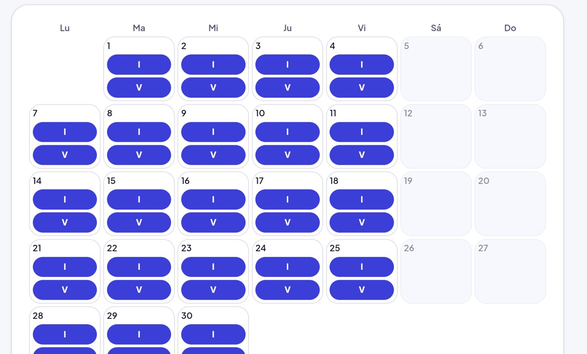 Calendario de asistencia del mes con idas y vueltas precargadas