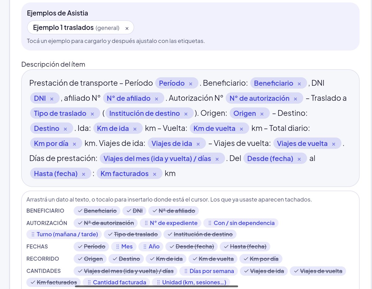 Editor de la descripción de la factura con etiquetas arrastrables